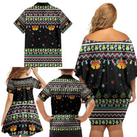 Christmas Unicorn Family Matching Off Shoulder Short Dress and Hawaiian Shirt with Don't Stop Believin Quote Tree Lights and Festive - Wonder Print Shop