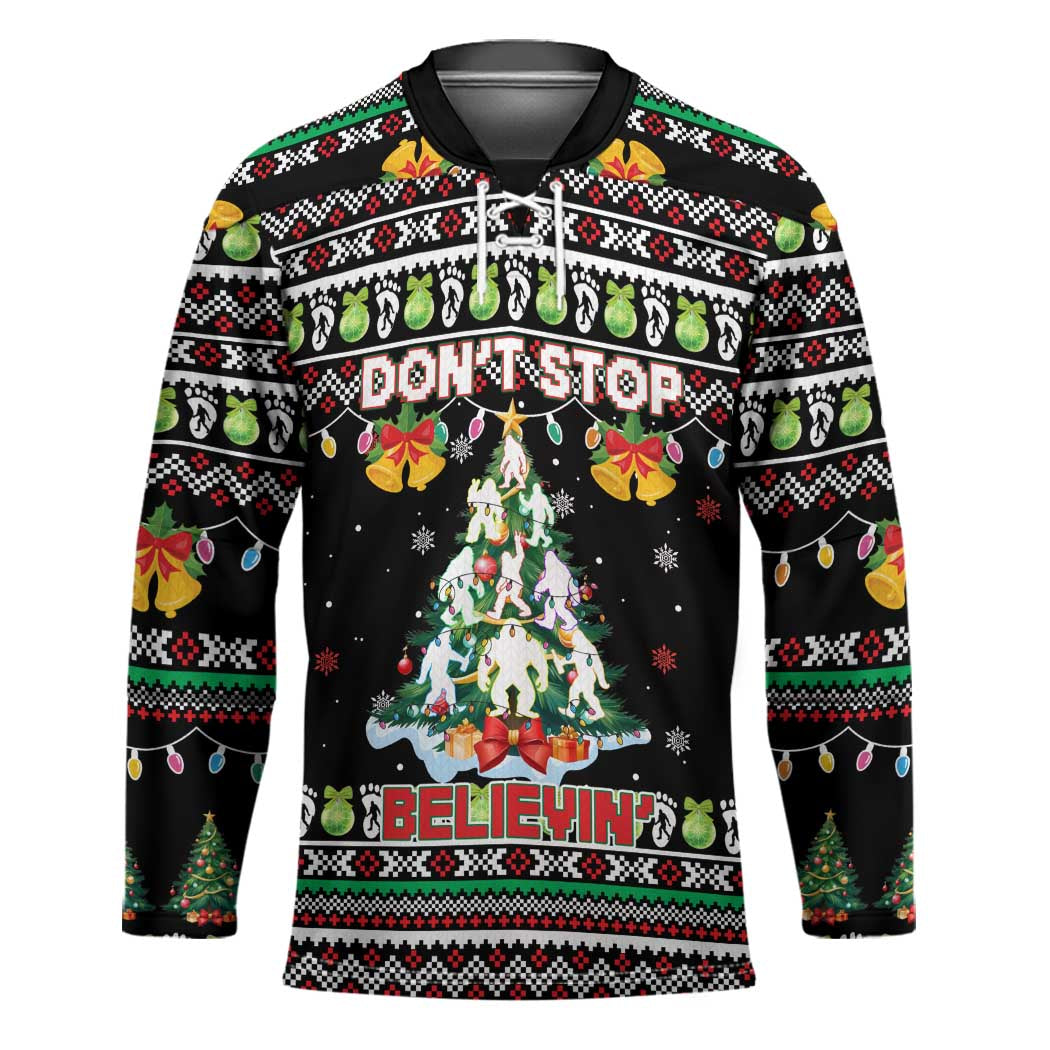 Christmas Unicorn Hockey Jersey with Don't Stop Believin Quote Tree Lights and Festive - Wonder Print Shop