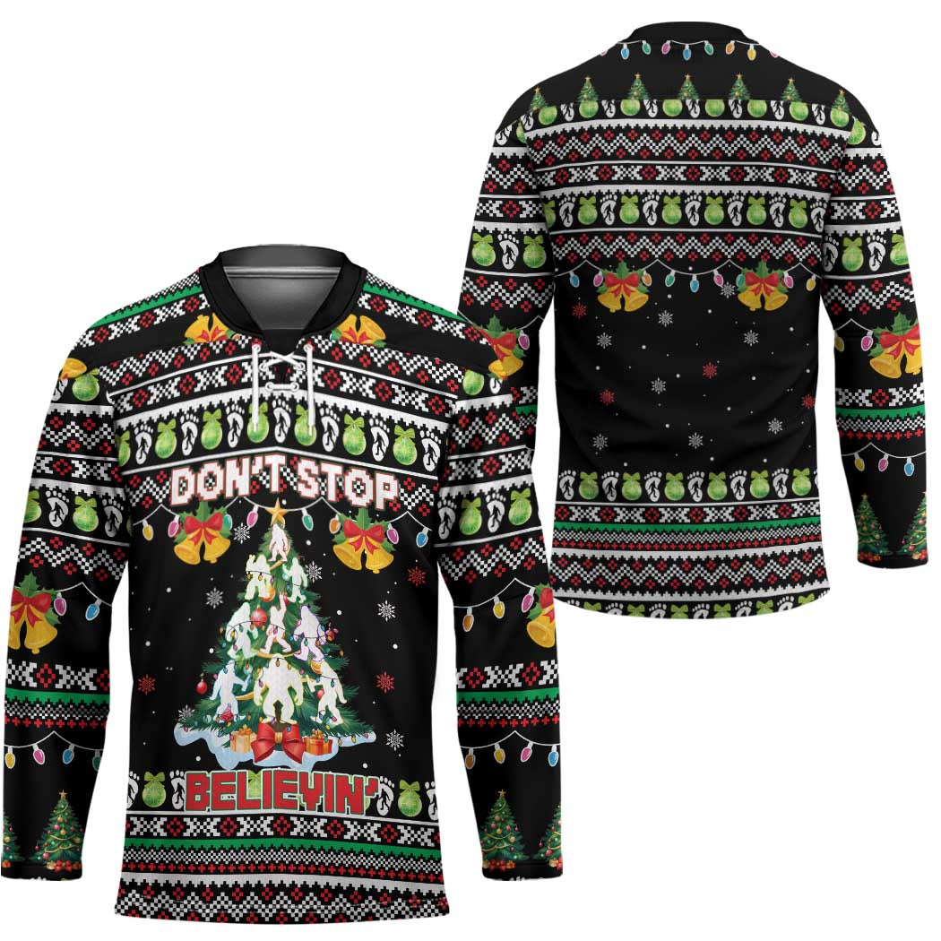Christmas Unicorn Hockey Jersey with Don't Stop Believin Quote Tree Lights and Festive - Wonder Print Shop