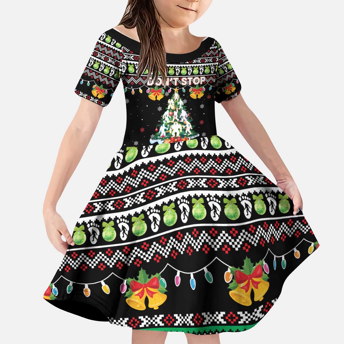 Christmas Unicorn Kid Short Sleeve Dress with Don't Stop Believin Quote Tree Lights and Festive - Wonder Print Shop