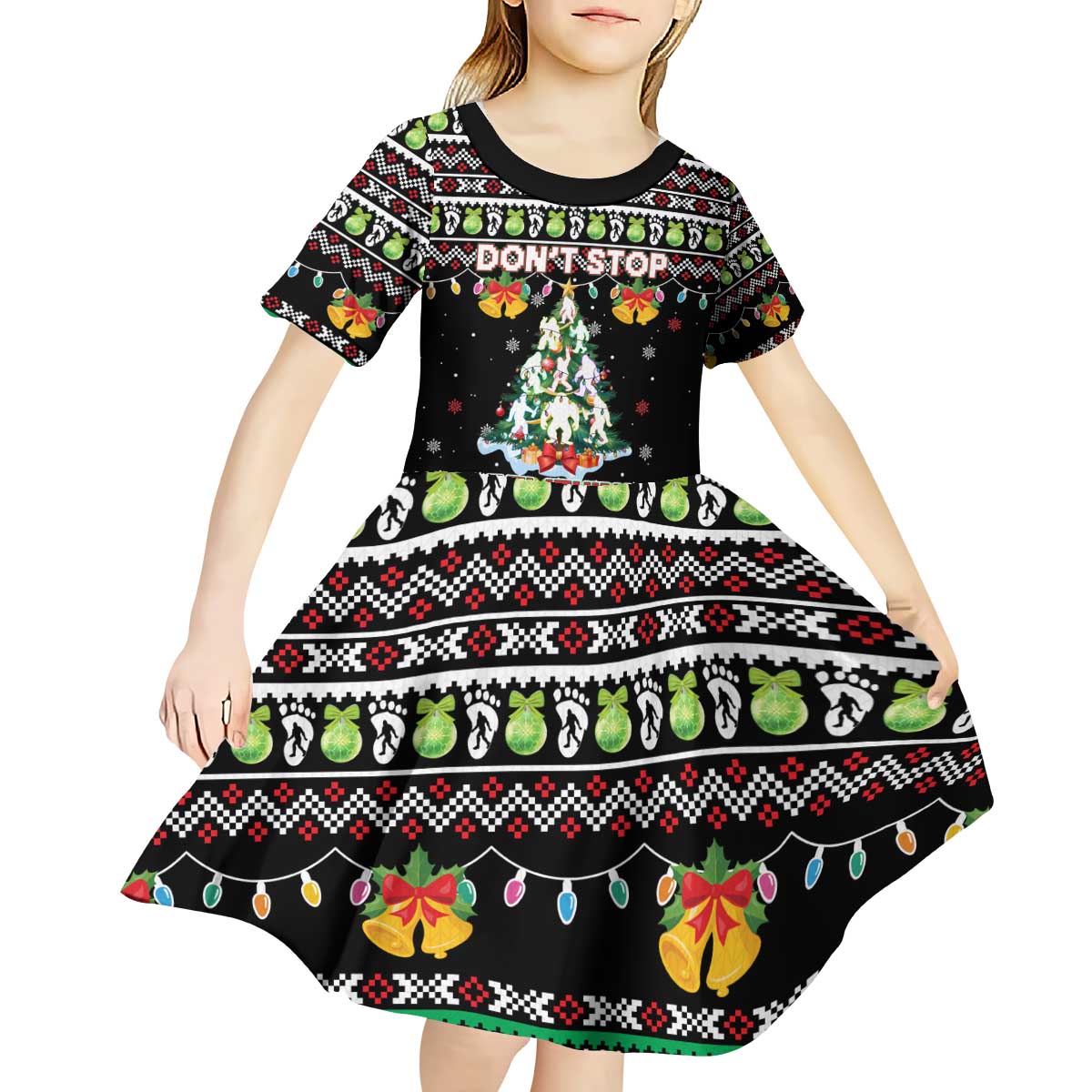 Christmas Unicorn Kid Short Sleeve Dress with Don't Stop Believin Quote Tree Lights and Festive - Wonder Print Shop