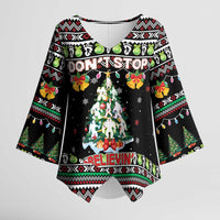 Christmas Unicorn Kimono Sleeve Blouse with Don't Stop Believin Quote Tree Lights and Festive - Wonder Print Shop