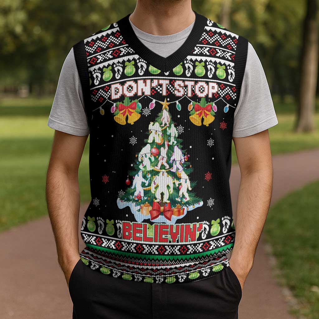 Christmas Unicorn Christmas Knitted V-Neck Vest with Don't Stop Believin Quote Tree Lights and Festive - Wonder Print Shop