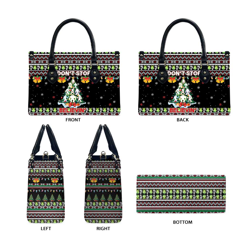 Christmas Unicorn Leather Bag with Don't Stop Believin Quote Tree Lights and Festive - Wonder Print Shop