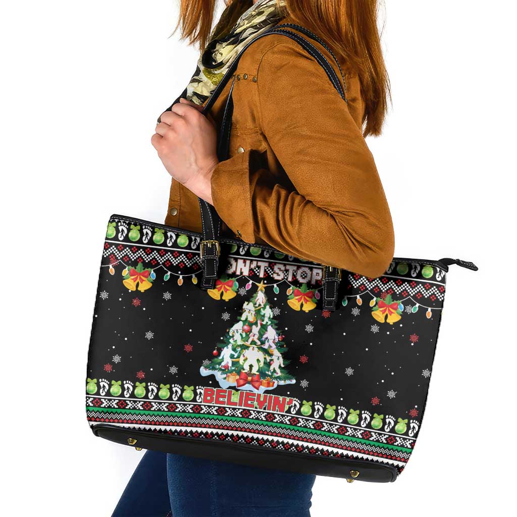 Christmas Unicorn Leather Tote Bag with Don't Stop Believin Quote Tree Lights and Festive - Wonder Print Shop