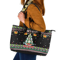 Christmas Unicorn Leather Tote Bag with Don't Stop Believin Quote Tree Lights and Festive - Wonder Print Shop