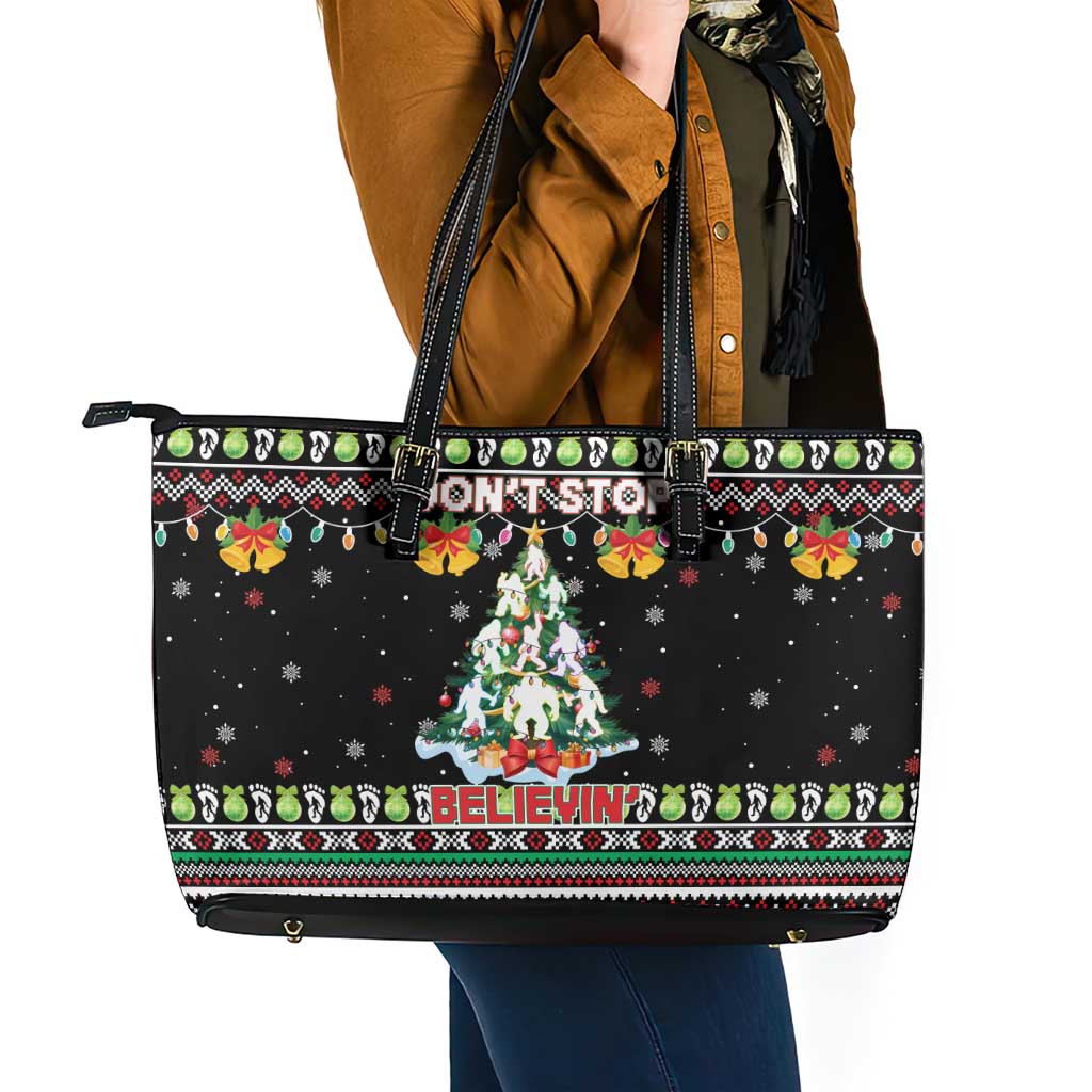 Christmas Unicorn Leather Tote Bag with Don't Stop Believin Quote Tree Lights and Festive - Wonder Print Shop
