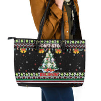 Christmas Unicorn Leather Tote Bag with Don't Stop Believin Quote Tree Lights and Festive - Wonder Print Shop