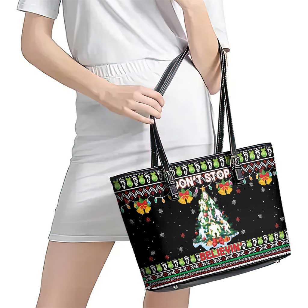 Christmas Unicorn Leather Tote Bag with Don't Stop Believin Quote Tree Lights and Festive - Wonder Print Shop
