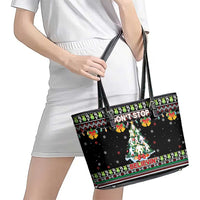Christmas Unicorn Leather Tote Bag with Don't Stop Believin Quote Tree Lights and Festive - Wonder Print Shop