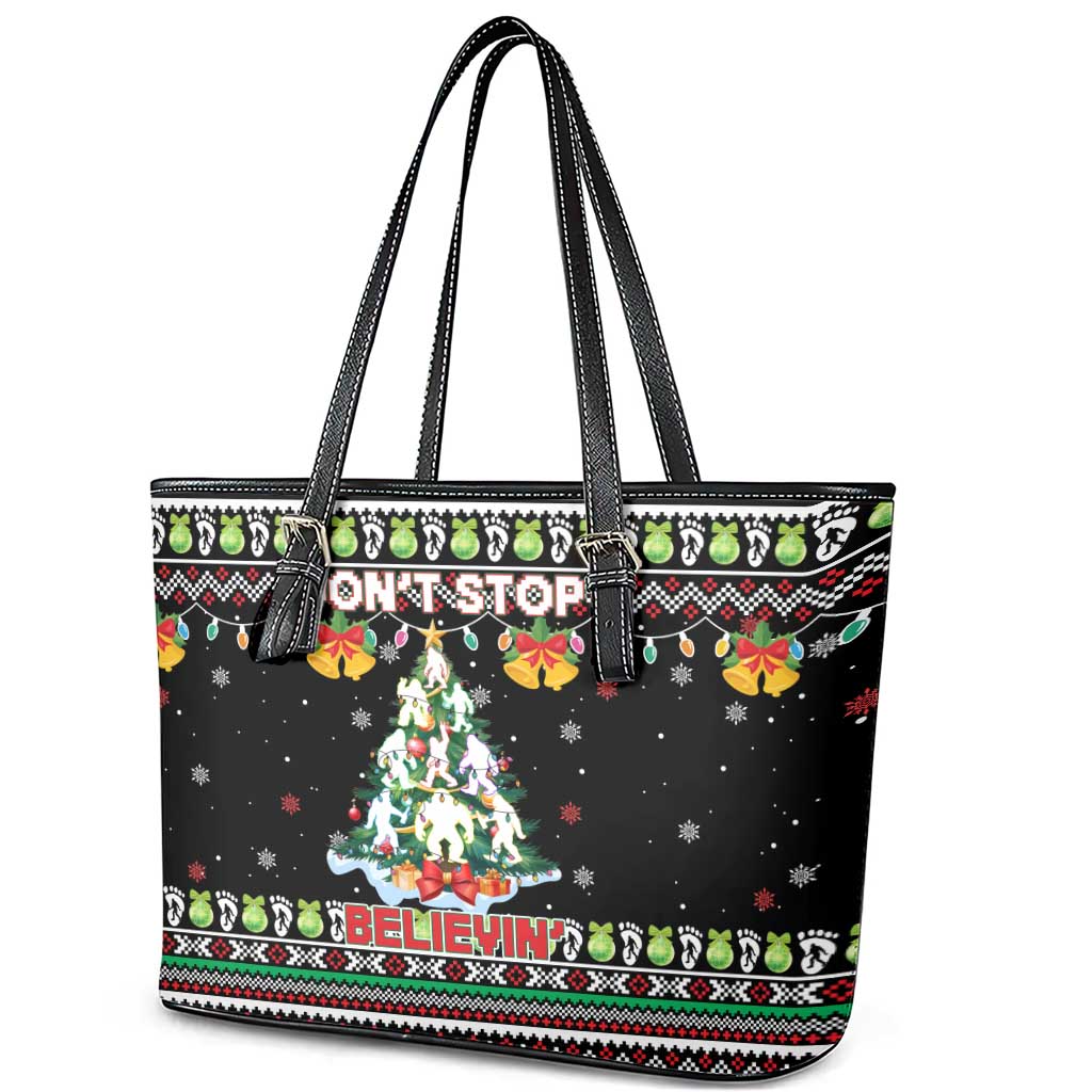 Christmas Unicorn Leather Tote Bag with Don't Stop Believin Quote Tree Lights and Festive - Wonder Print Shop