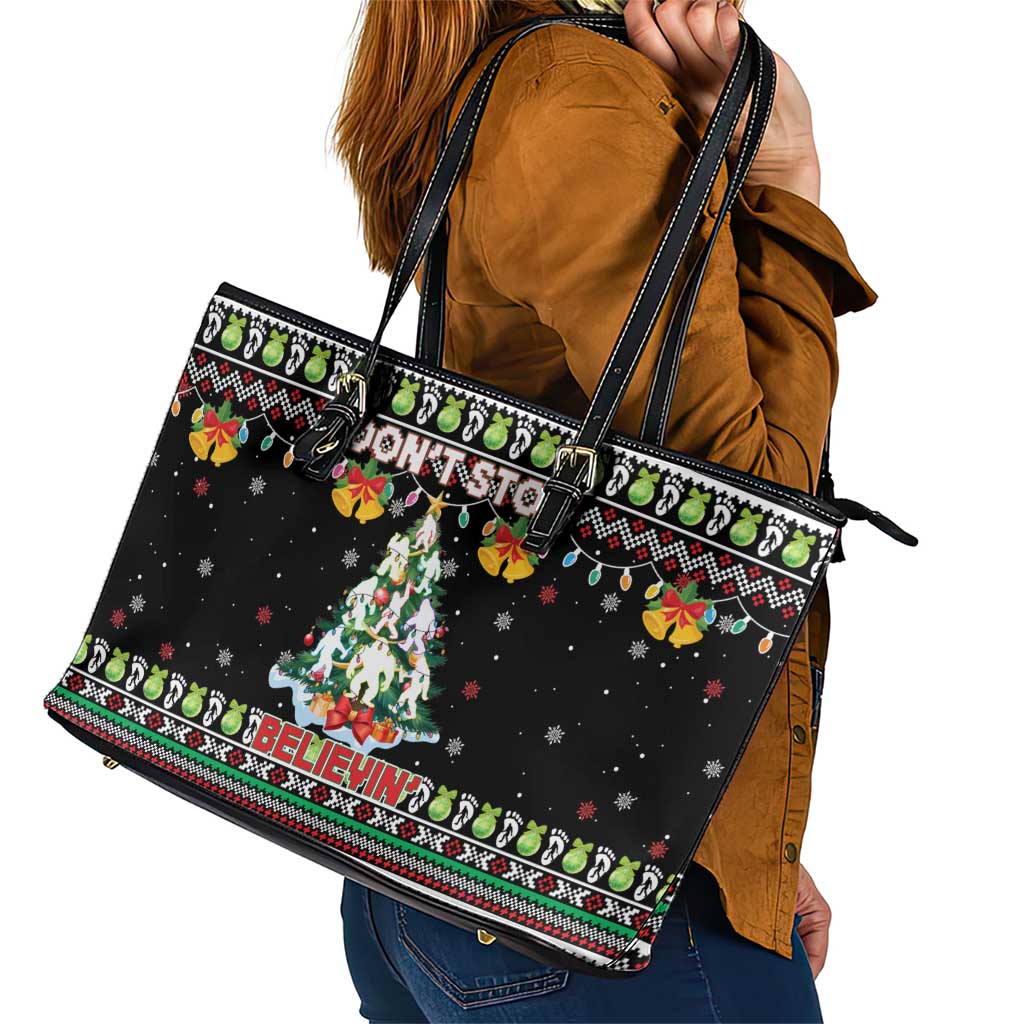 Christmas Unicorn Leather Tote Bag with Don't Stop Believin Quote Tree Lights and Festive - Wonder Print Shop