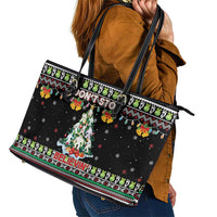 Christmas Unicorn Leather Tote Bag with Don't Stop Believin Quote Tree Lights and Festive - Wonder Print Shop