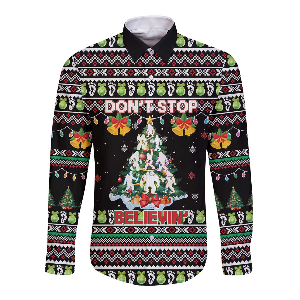 Christmas Unicorn Long Sleeve Button Shirt with Don't Stop Believin Quote Tree Lights and Festive - Wonder Print Shop