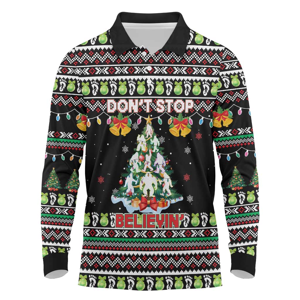 Christmas Unicorn Long Sleeve Polo Shirt with Don't Stop Believin Quote Tree Lights and Festive - Wonder Print Shop