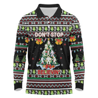 Christmas Unicorn Long Sleeve Polo Shirt with Don't Stop Believin Quote Tree Lights and Festive - Wonder Print Shop
