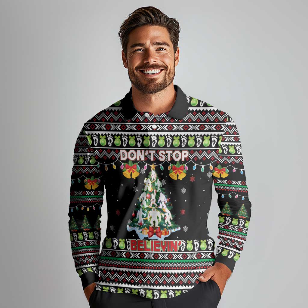 Christmas Unicorn Long Sleeve Polo Shirt with Don't Stop Believin Quote Tree Lights and Festive - Wonder Print Shop