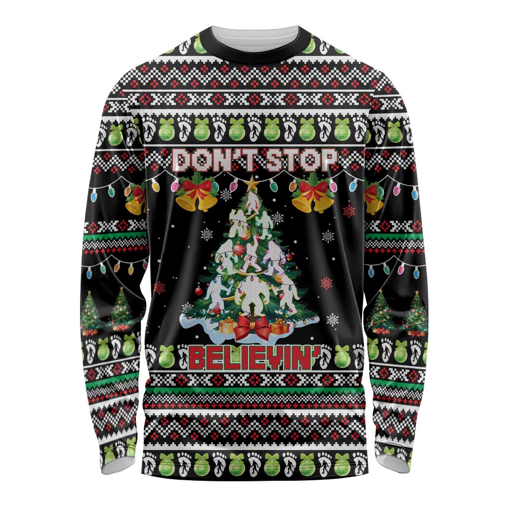 Christmas Unicorn Long Sleeve Shirt with Don't Stop Believin Quote Tree Lights and Festive - Wonder Print Shop