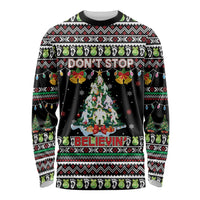 Christmas Unicorn Long Sleeve Shirt with Don't Stop Believin Quote Tree Lights and Festive - Wonder Print Shop