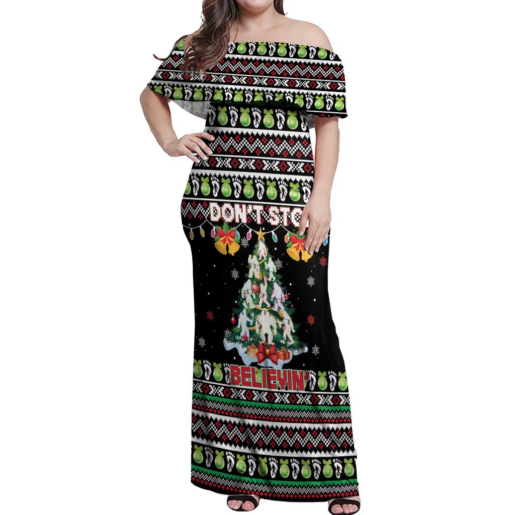 Christmas Unicorn Off Shoulder Maxi Dress with Don't Stop Believin Quote Tree Lights and Festive - Wonder Print Shop