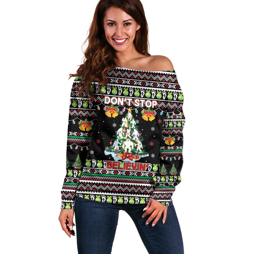 Christmas Unicorn Off Shoulder Sweater with Don't Stop Believin Quote Tree Lights and Festive - Wonder Print Shop