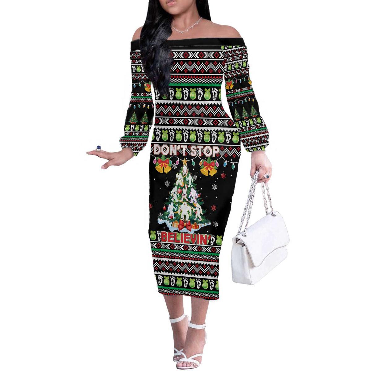 Christmas Unicorn Off The Shoulder Long Sleeve Dress with Don't Stop Believin Quote Tree Lights and Festive - Wonder Print Shop