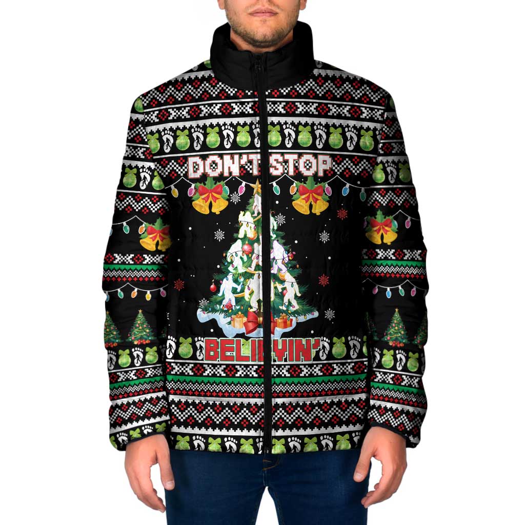Christmas Unicorn Padded Jacket with Don't Stop Believin Quote Tree Lights and Festive - Wonder Print Shop