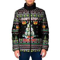 Christmas Unicorn Padded Jacket with Don't Stop Believin Quote Tree Lights and Festive - Wonder Print Shop