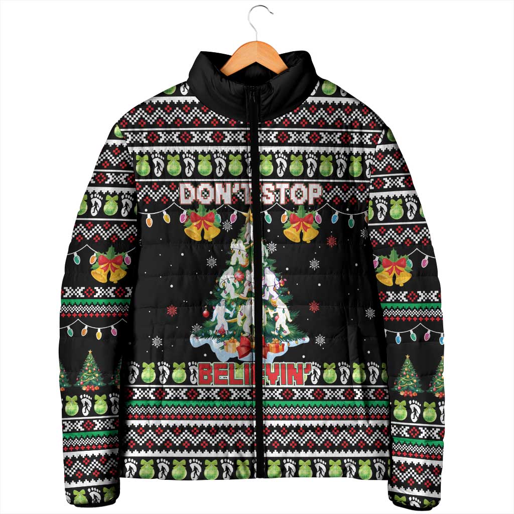 Christmas Unicorn Padded Jacket with Don't Stop Believin Quote Tree Lights and Festive - Wonder Print Shop
