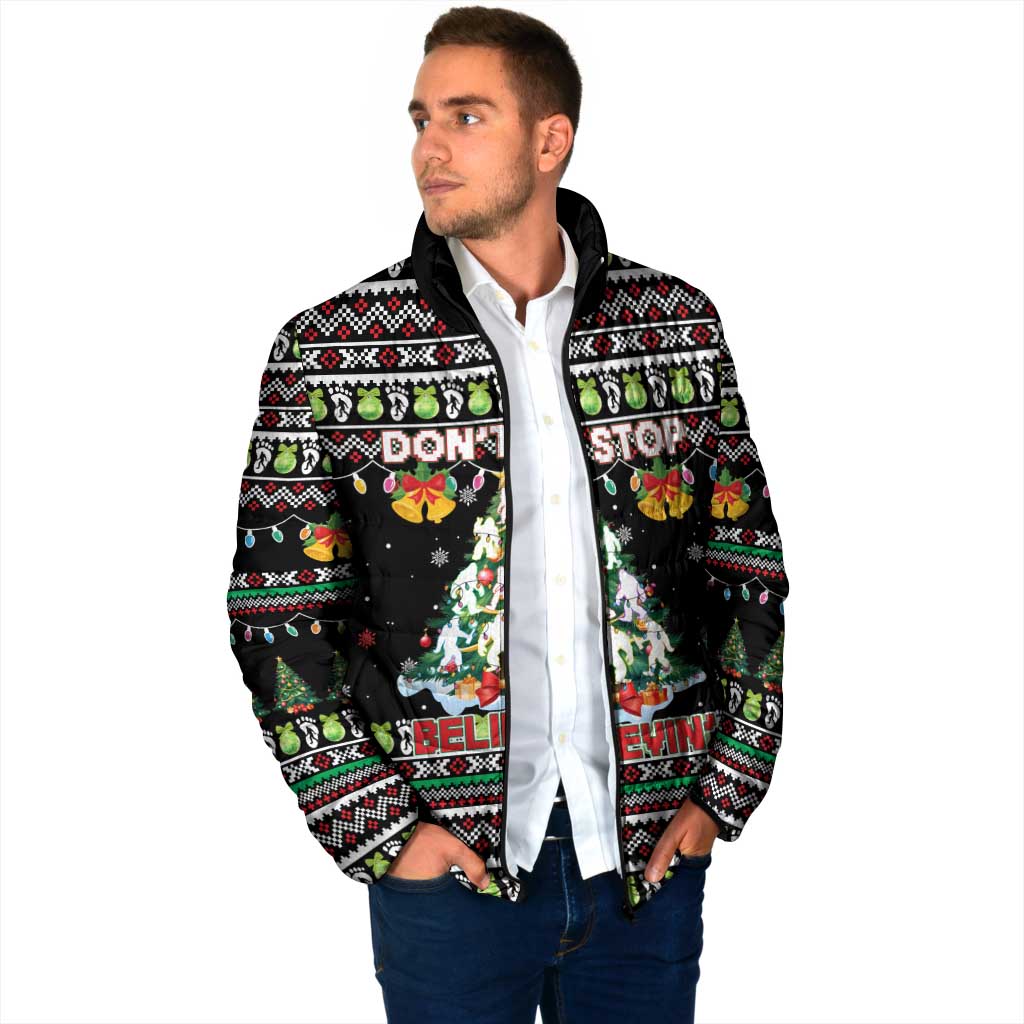 Christmas Unicorn Padded Jacket with Don't Stop Believin Quote Tree Lights and Festive - Wonder Print Shop