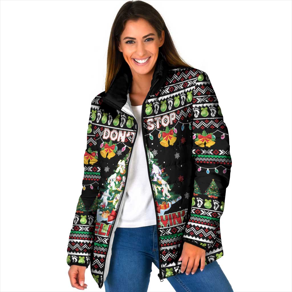 Christmas Unicorn Padded Jacket with Don't Stop Believin Quote Tree Lights and Festive - Wonder Print Shop