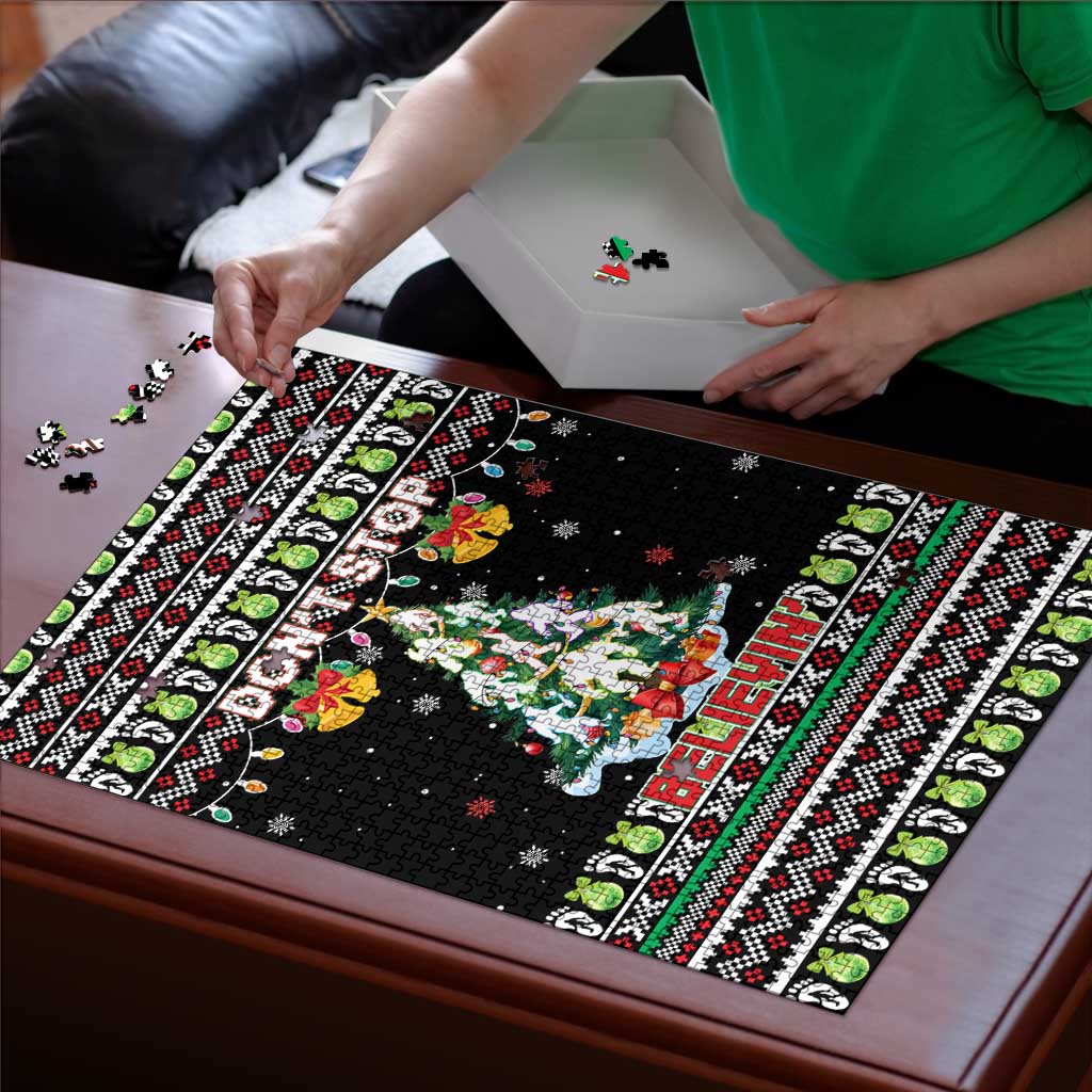 Christmas Unicorn Puzzle with Don't Stop Believin Quote Tree Lights and Festive - Wonder Print Shop