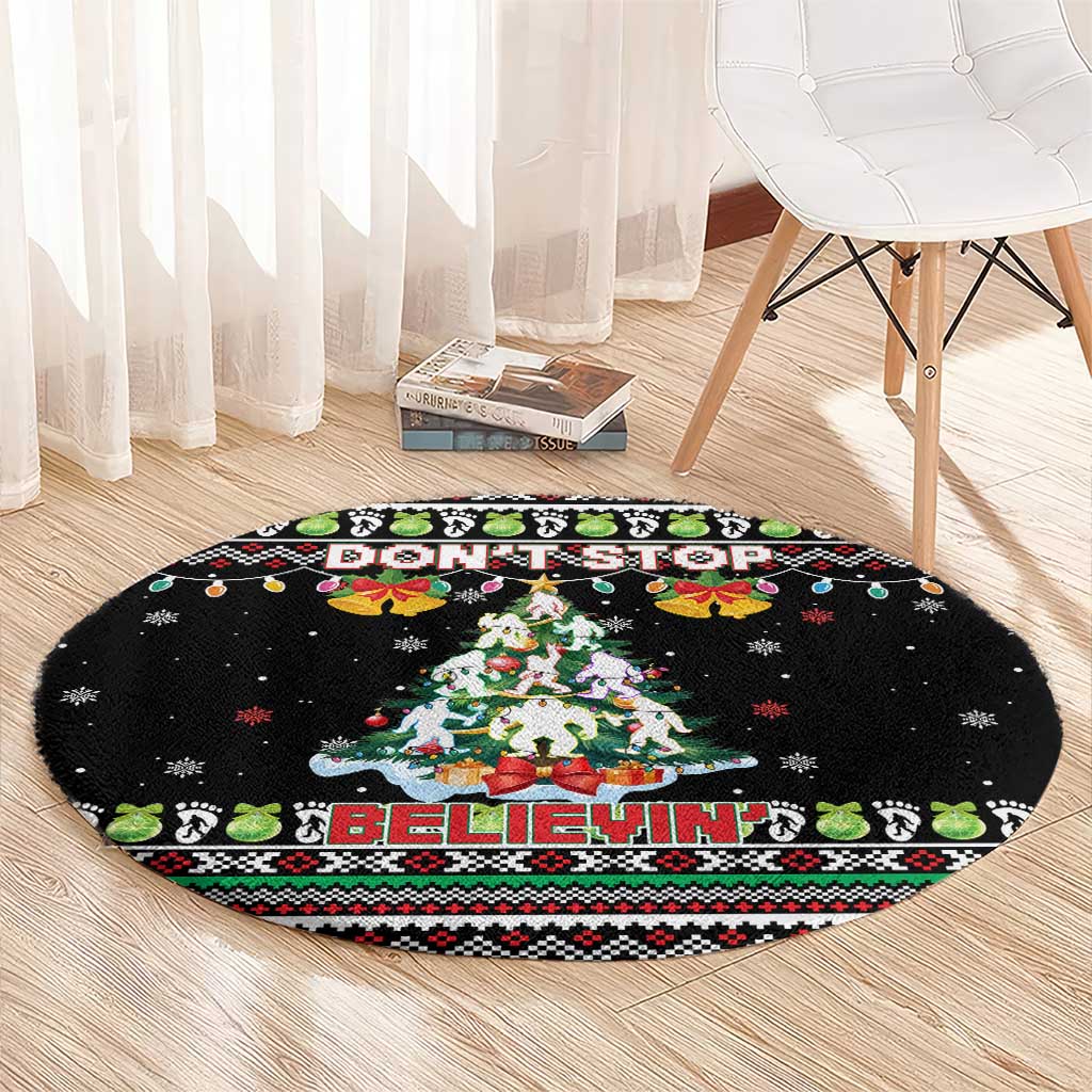 Christmas Unicorn Round Carpet with Don't Stop Believin Quote Tree Lights and Festive - Wonder Print Shop