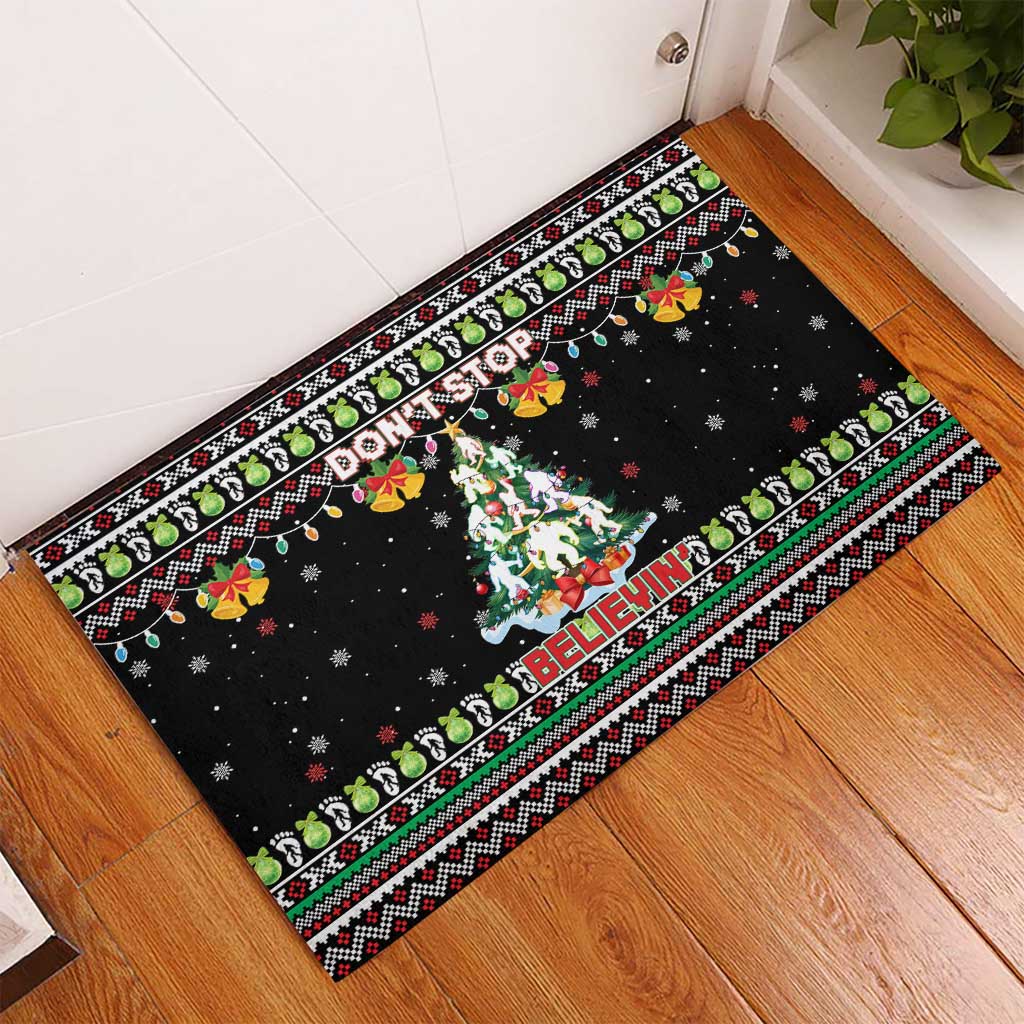 Christmas Unicorn Rubber Doormat with Don't Stop Believin Quote Tree Lights and Festive - Wonder Print Shop