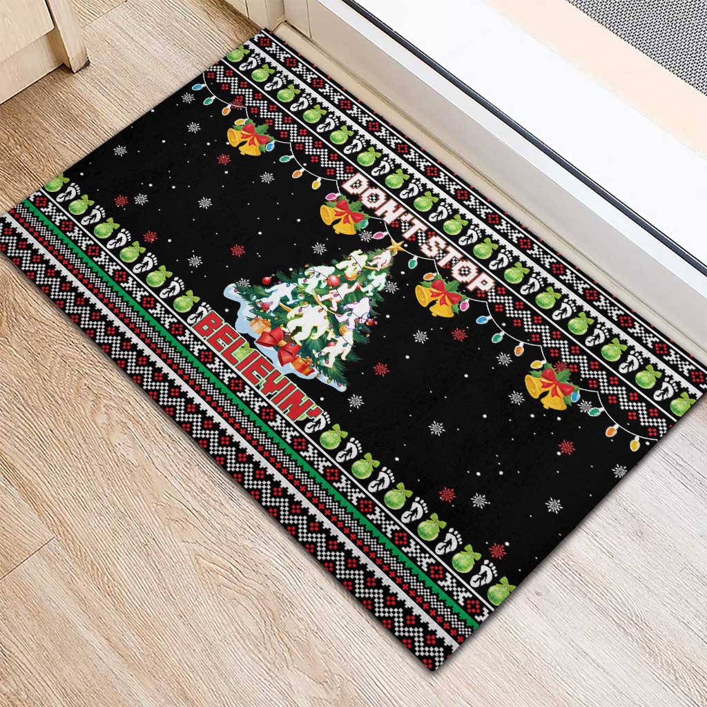 Christmas Unicorn Rubber Doormat with Don't Stop Believin Quote Tree Lights and Festive - Wonder Print Shop