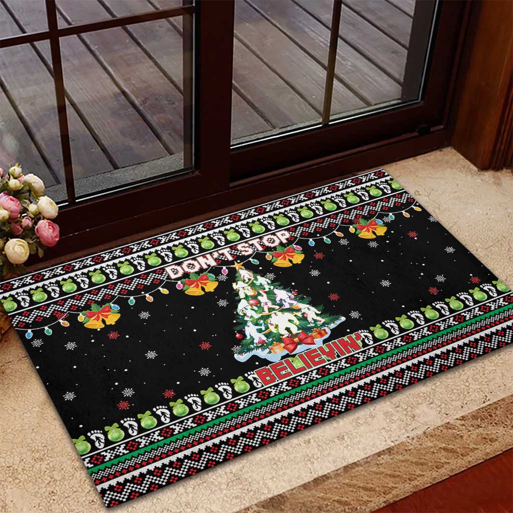 Christmas Unicorn Rubber Doormat with Don't Stop Believin Quote Tree Lights and Festive - Wonder Print Shop