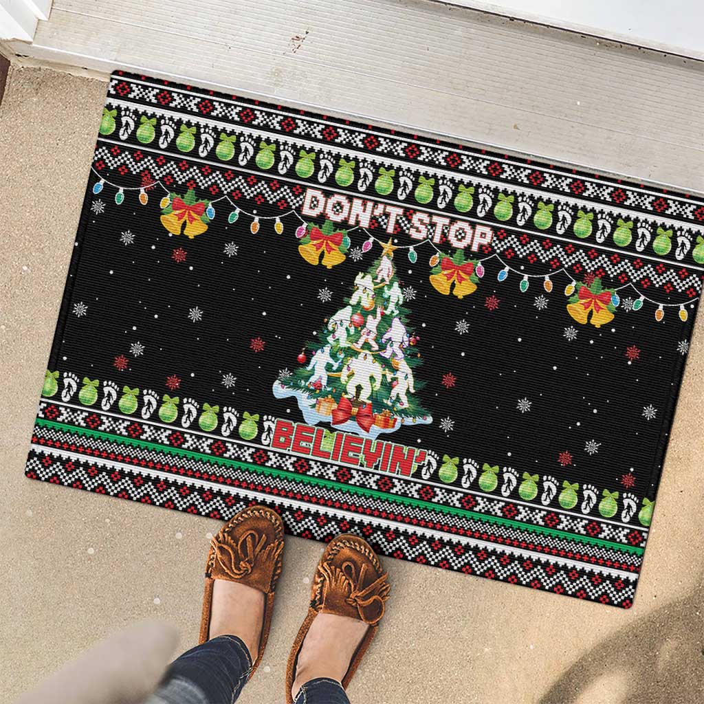 Christmas Unicorn Rubber Doormat with Don't Stop Believin Quote Tree Lights and Festive - Wonder Print Shop