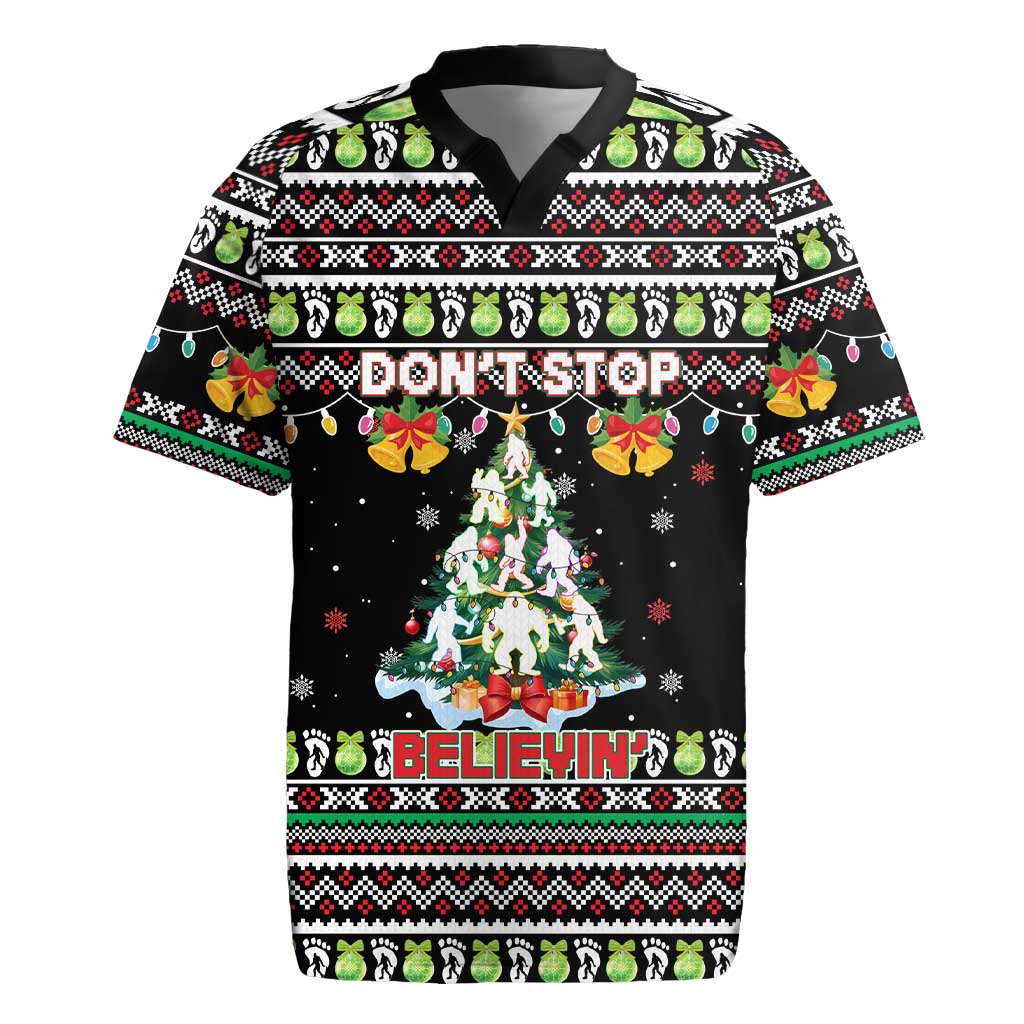 Christmas Unicorn Rugby Jersey with Don't Stop Believin Quote Tree Lights and Festive - Wonder Print Shop