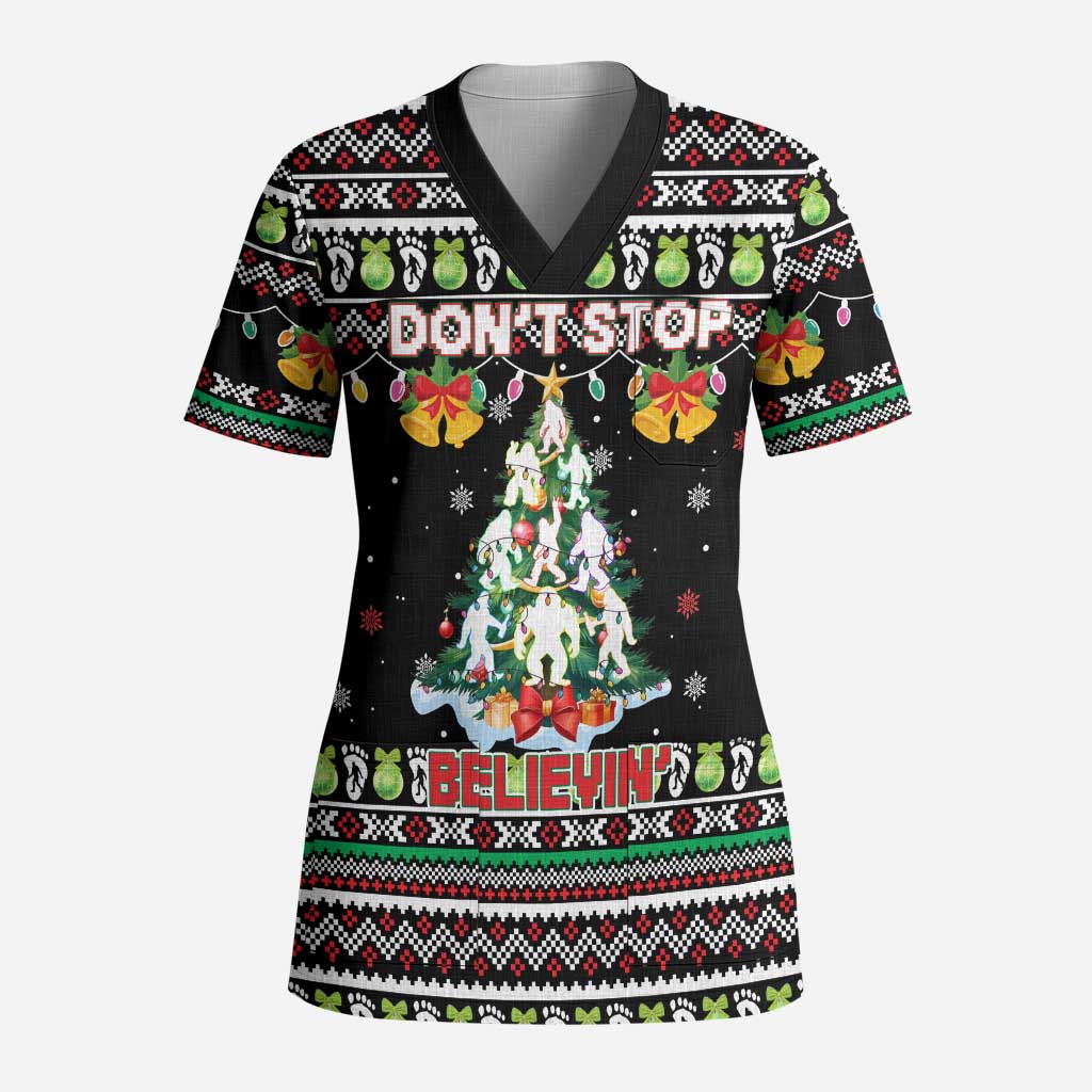 Christmas Unicorn Scrub Top with Don't Stop Believin Quote Tree Lights and Festive - Wonder Print Shop