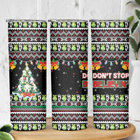 Christmas Unicorn Skinny Tumbler with Don't Stop Believin Quote Tree Lights and Festive - Wonder Print Shop