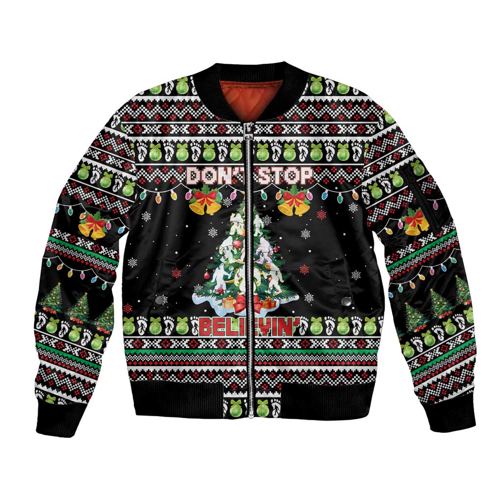 Christmas Unicorn Sleeve Zip Bomber Jacket with Don't Stop Believin Quote Tree Lights and Festive - Wonder Print Shop