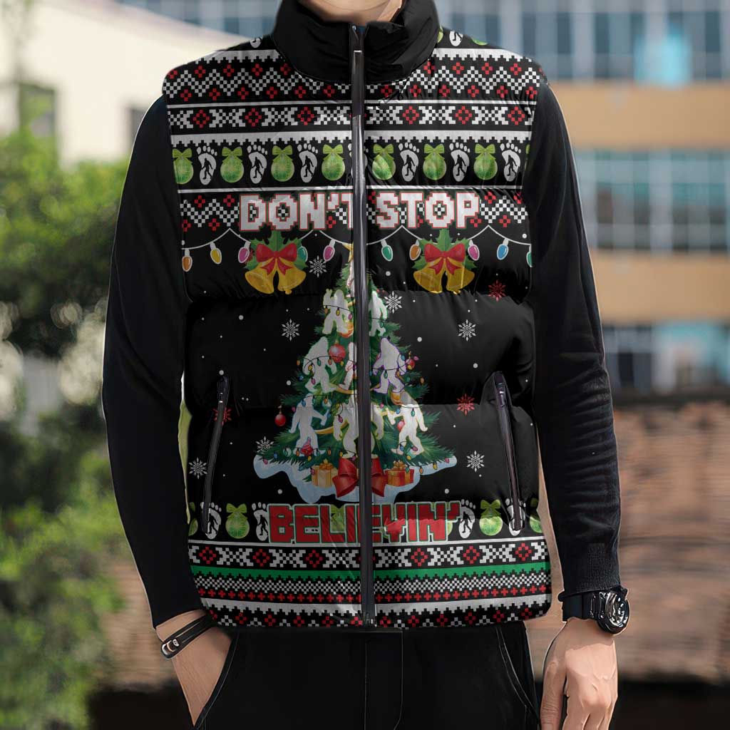 Christmas Unicorn Sleeveless Puffer Jacket with Don't Stop Believin Quote Tree Lights and Festive - Wonder Print Shop