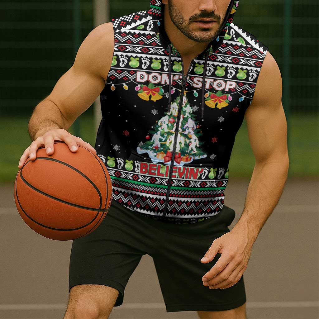 Christmas Unicorn Sleeveless Zip Hoodie with Don't Stop Believin Quote Tree Lights and Festive - Wonder Print Shop