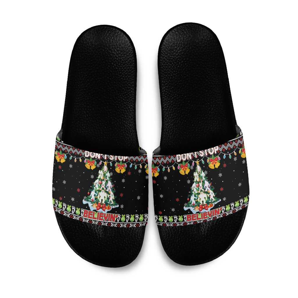 Christmas Unicorn Slide Sandals with Don't Stop Believin Quote Tree Lights and Festive - Wonder Print Shop