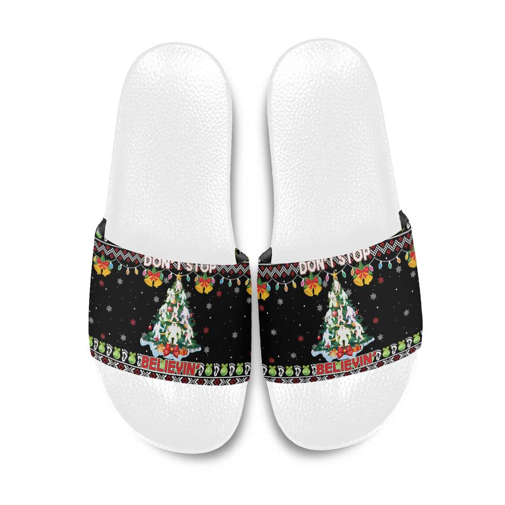 Christmas Unicorn Slide Sandals with Don't Stop Believin Quote Tree Lights and Festive - Wonder Print Shop