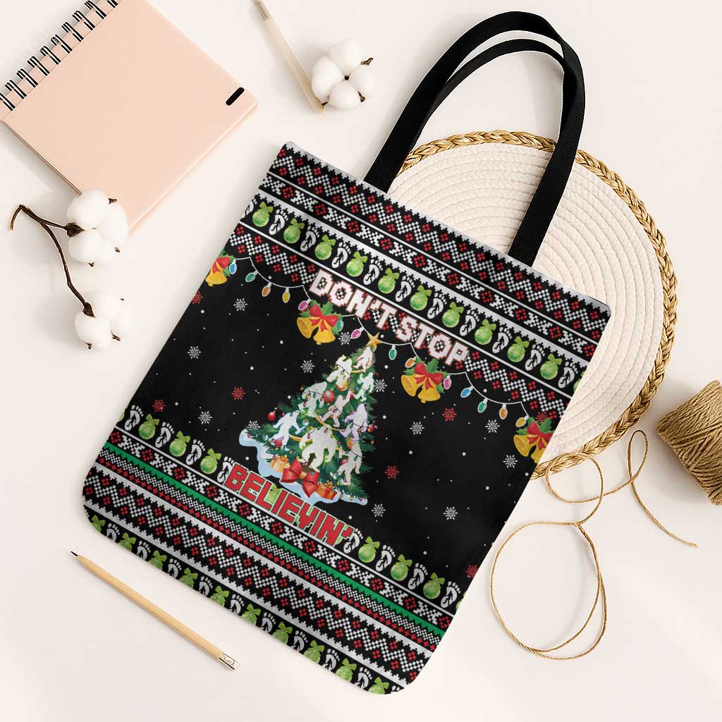 Christmas Unicorn Tote Bag with Don't Stop Believin Quote Tree Lights and Festive - Wonder Print Shop