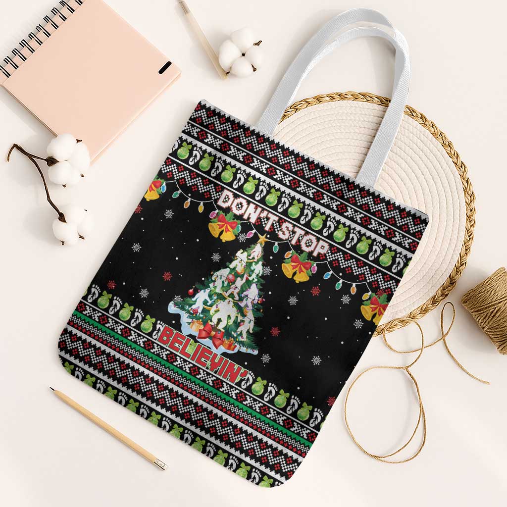 Christmas Unicorn Tote Bag with Don't Stop Believin Quote Tree Lights and Festive - Wonder Print Shop