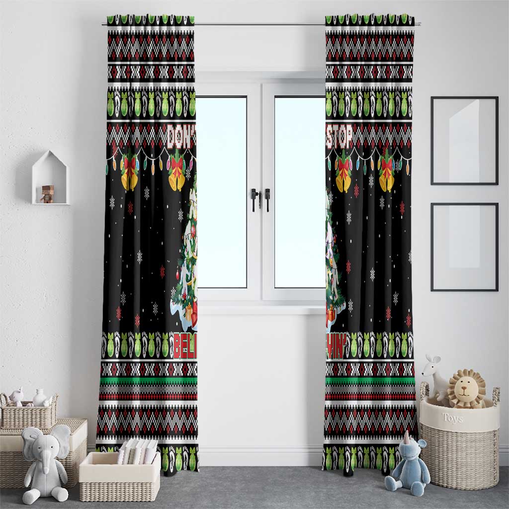 Christmas Unicorn Window Curtain with Don't Stop Believin Quote Tree Lights and Festive - Wonder Print Shop