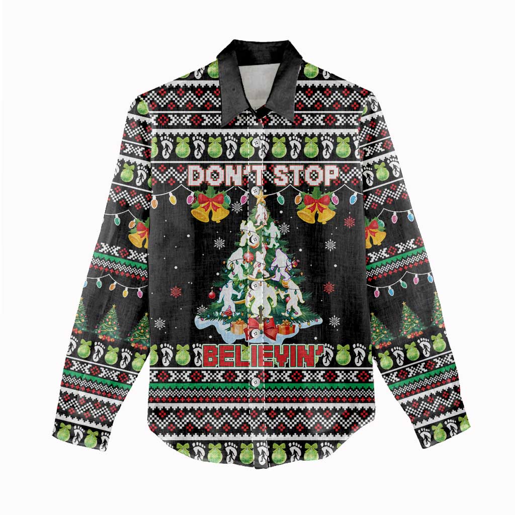 Christmas Unicorn Women Casual Shirt with Don't Stop Believin Quote Tree Lights and Festive - Wonder Print Shop