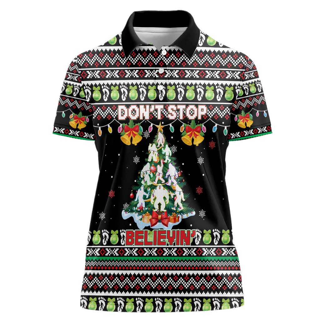 Christmas Unicorn Women Polo Shirt with Don't Stop Believin Quote Tree Lights and Festive - Wonder Print Shop